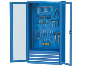 Glass Storage Cabinet with Louvered Hanging Panel